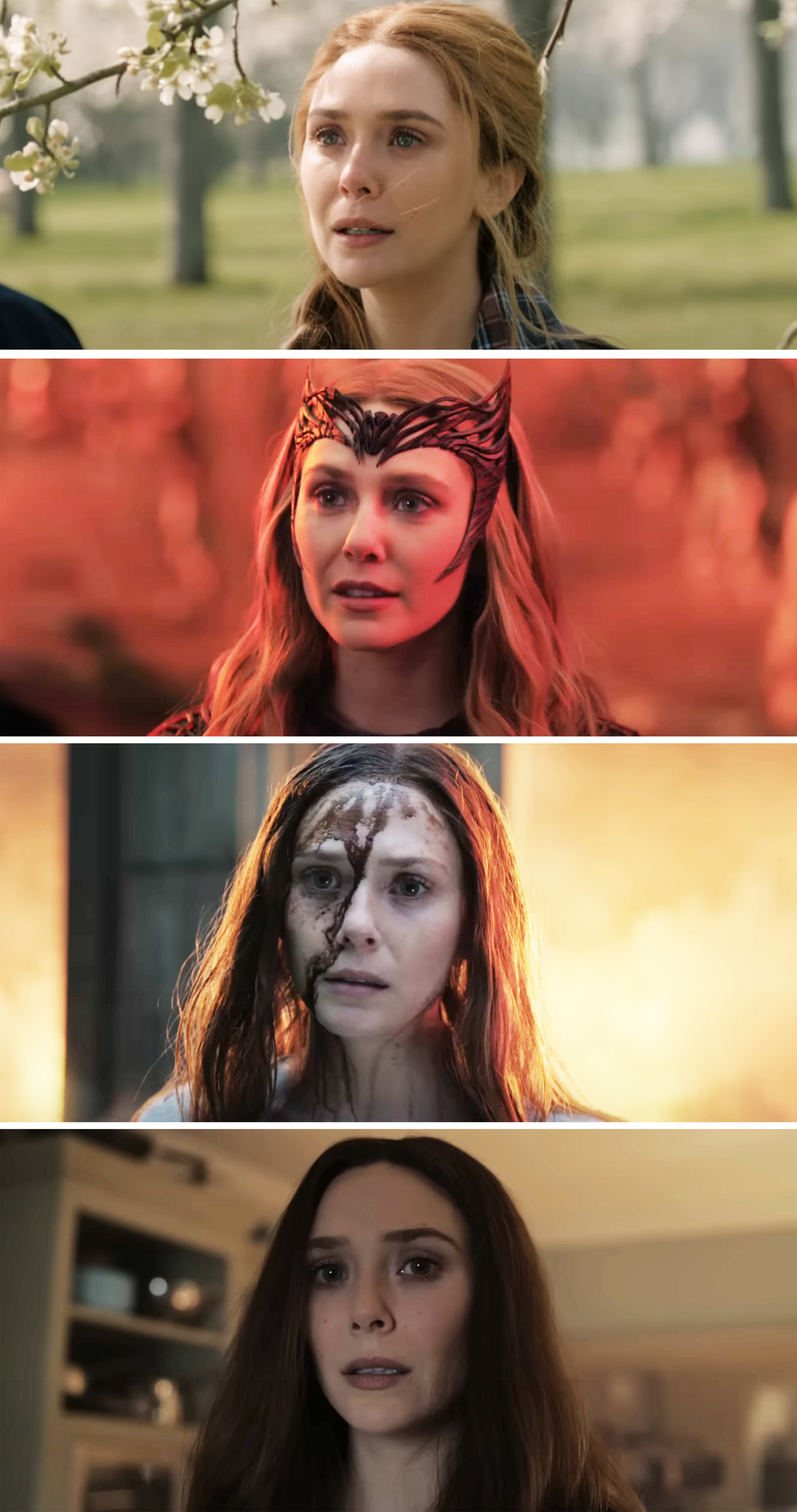 Four versions of Wanda, one normal, one as Scarlet Witch, one with blood covering half her face, and one with heavy makeup and darker hair
