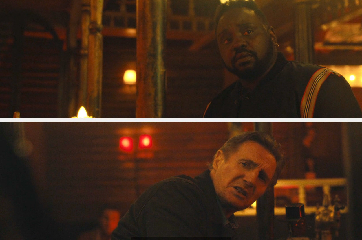 Paper Boy having a conversation at the bar with Liam Neeson