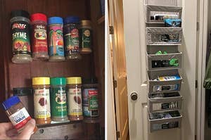 Reviewer placing spice jar in spice clip/over-door organizer placed on closet door