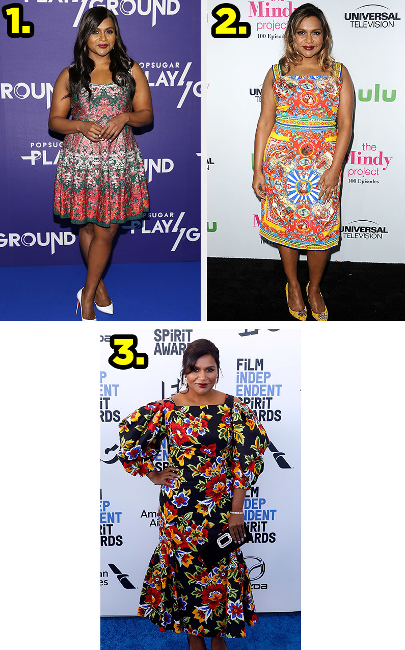 1. Mindy wears a floral patterned knee-length dress. 2. Mindy wears an ornate patterned tea length dress. 3. Mindy wears a midi-length dress covered in flowers with poofy sleeves.