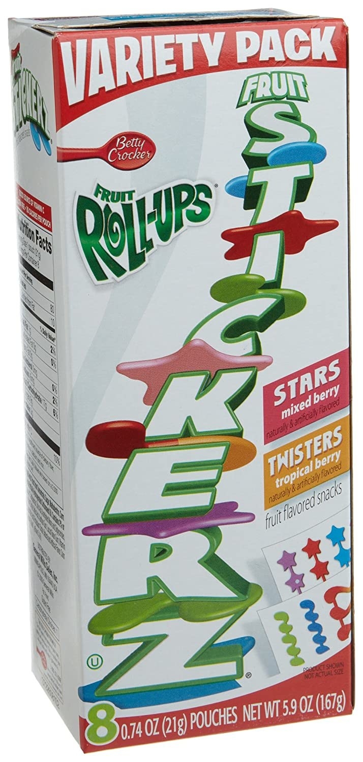 box of fruit roll ups stackers, with the logo on it and dripping goo between each letter