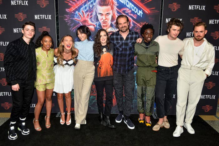 The main cast of Stranger Things together at a step-and-repeat