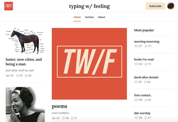 A screenshot of the typing w/ feeling homepage