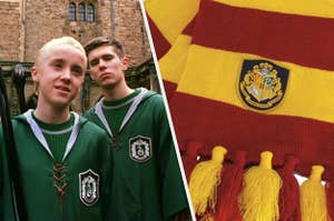 Draco is on the left in a Slytherin robe with a Gryffindor scarf on the right