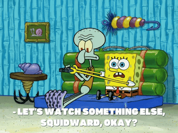 GIF cartoon sponge and squid watching tv saying let&#x27;s watch something else squidward okay?