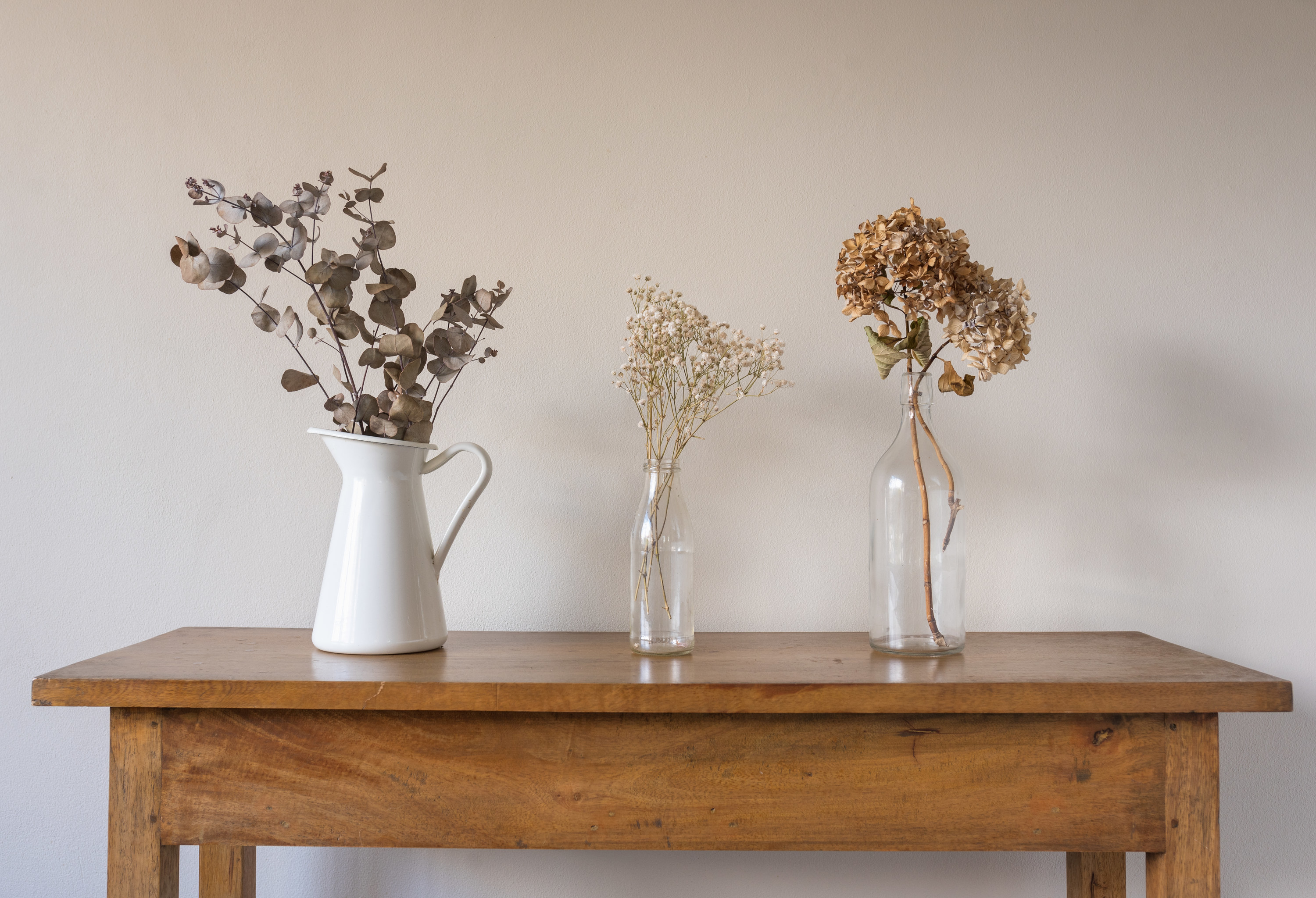 A row of white and glass vases containing simple plants on a table