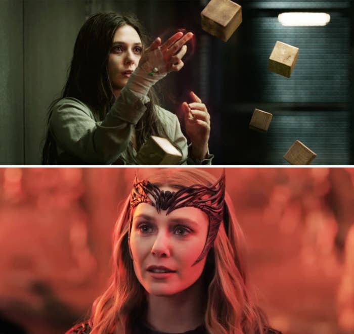 Elizabeth in her first appearance as Wanda and her most recent one as Scarlet Witch