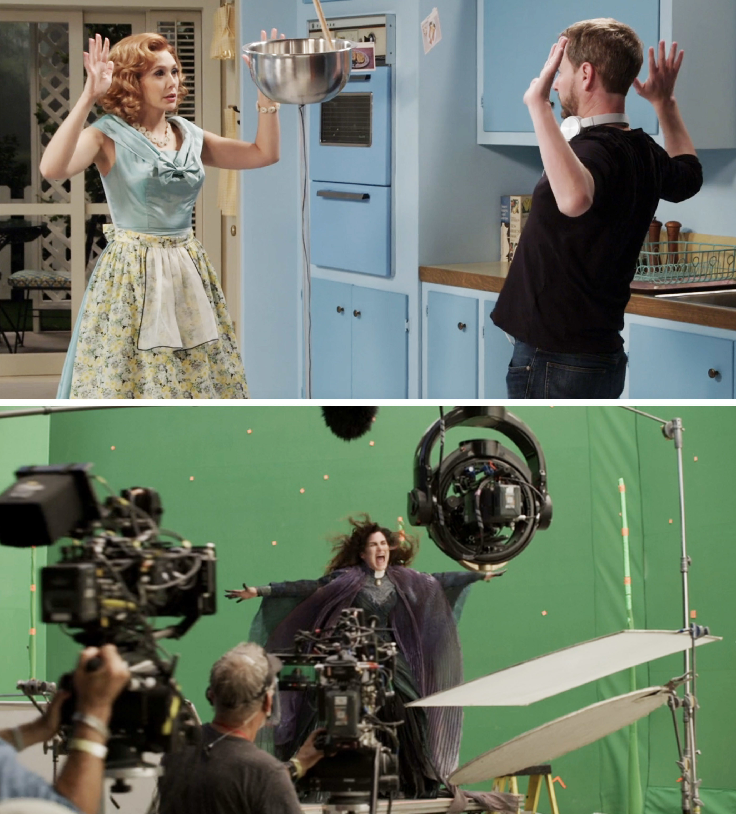 Elizabeth and Kathryn Hahn work with the crew on WandaVision; in one scene, kitchen utensils float; the other is on a huge green screen