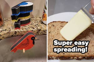 bird shaped sponges perching on side of sink and a tool that lets you use the butter stick directly to butter bread