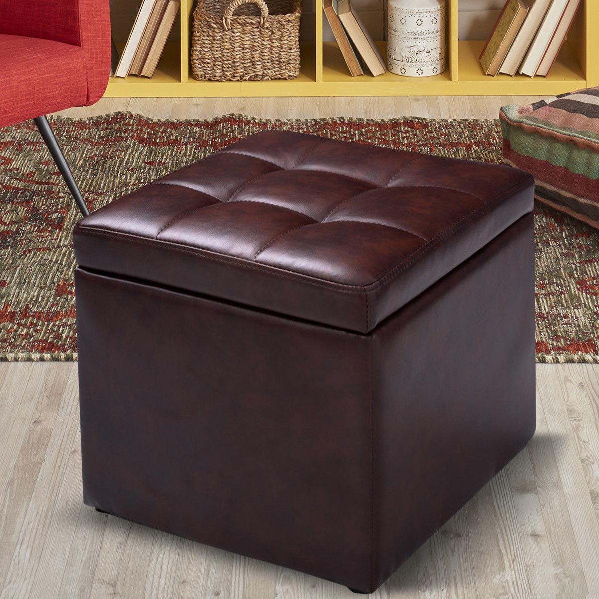 the red brown pouf with things inside it