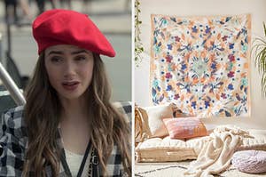 On the left, Emily from Emily in Paris wearing a beret, and on the right, a tapestry on a wall above some cushions, pillows, and blankets