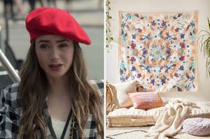 On the left, Emily from Emily in Paris wearing a beret, and on the right, a tapestry on a wall above some cushions, pillows, and blankets