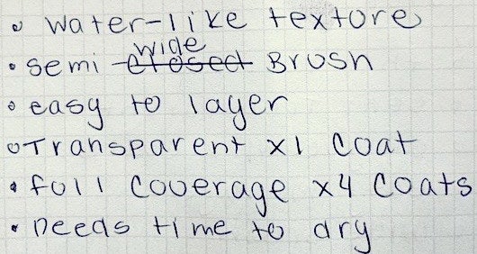 A screenshot of notes written about nail polish