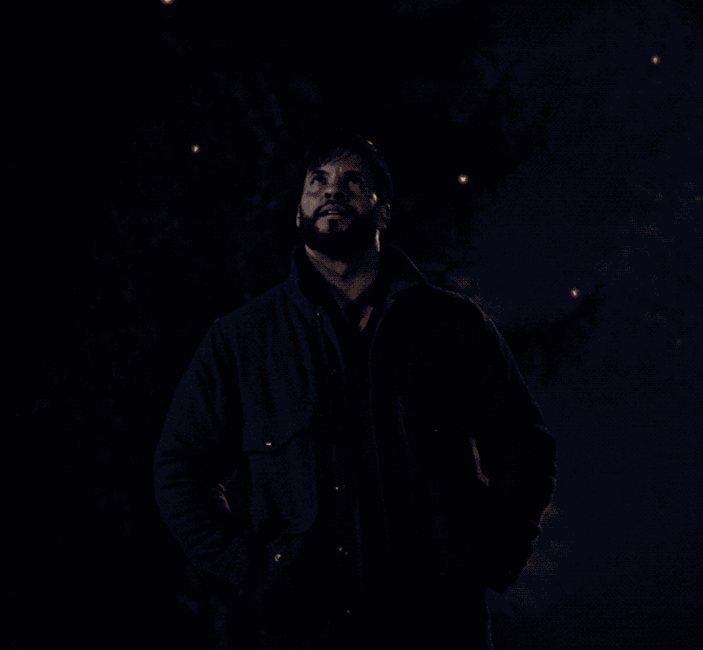 GIF of a man looking at fireflies in awe