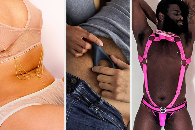 Model wearing nipple and clit clamp, models holding blue cock ring and model wearing hot pink leather body harness
