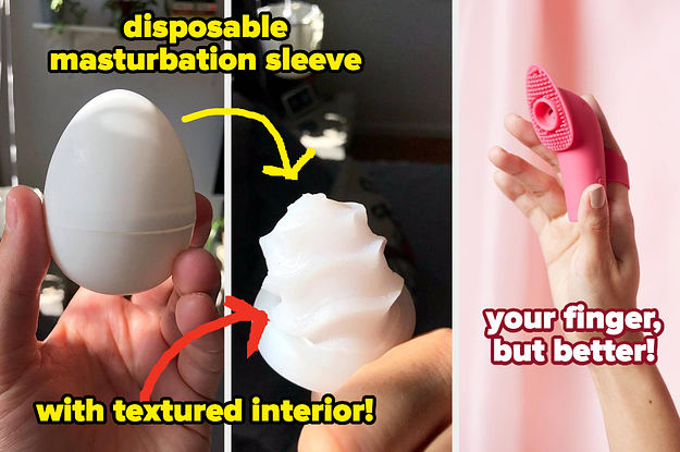 Reviewer holding egg-shaped masturbation sleeve and model wearing pink finger vibrator