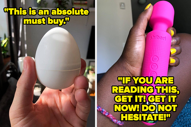 Reviewer holding egg-shaped sleeve and reviewer holding pink mini wand vibrator