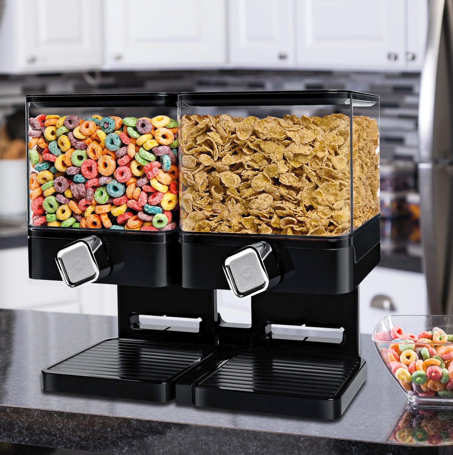 The filled cereal dispenser on a counter