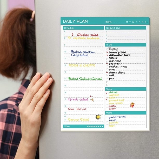 The daily planner pad on a fridge with schedule, to-do list, notes and meals scribbled on the page