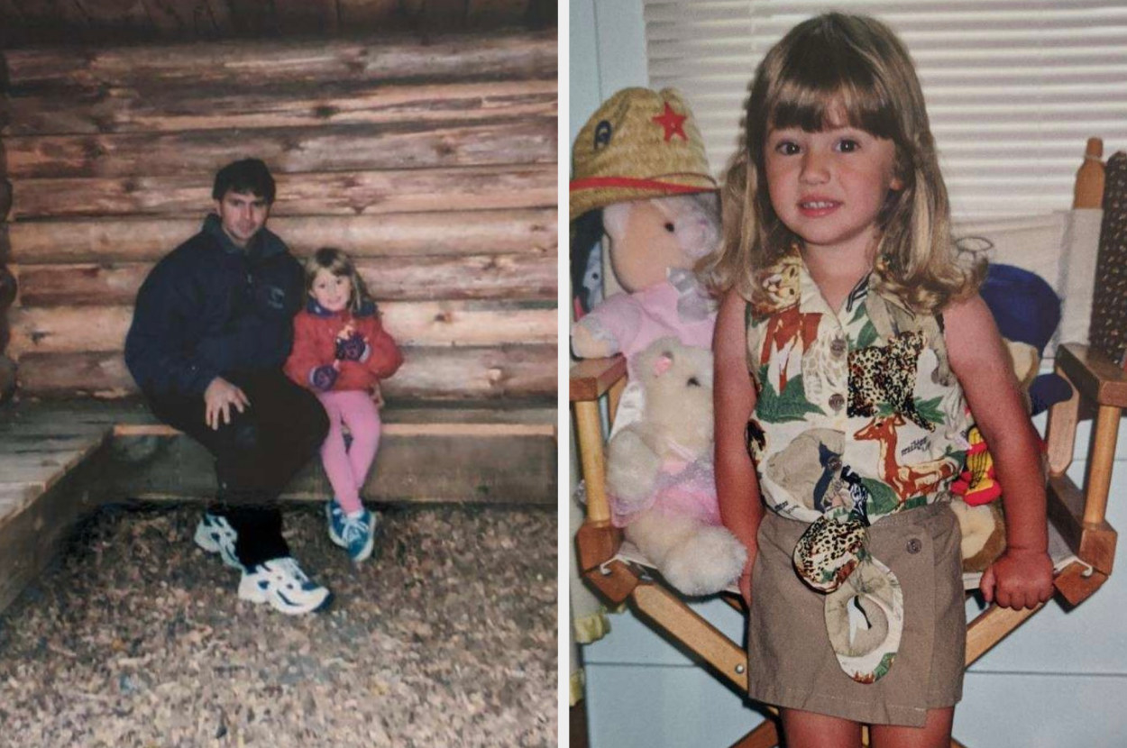 The author with her dad; the author with stuffed animals