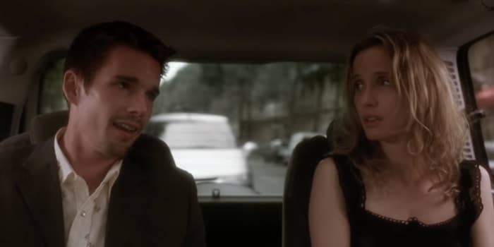 Ethan Hawke and Julie Delpy in a car.
