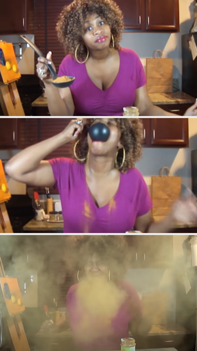 a woman doing the cinnamon challenge and spitting it all out