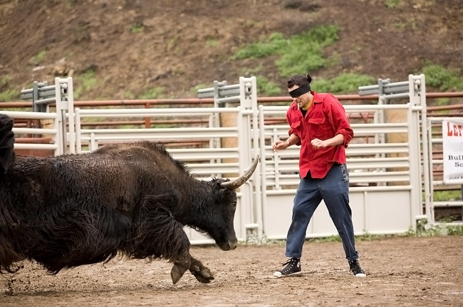 Johnny Knoxville blindfolded in front of a bull.