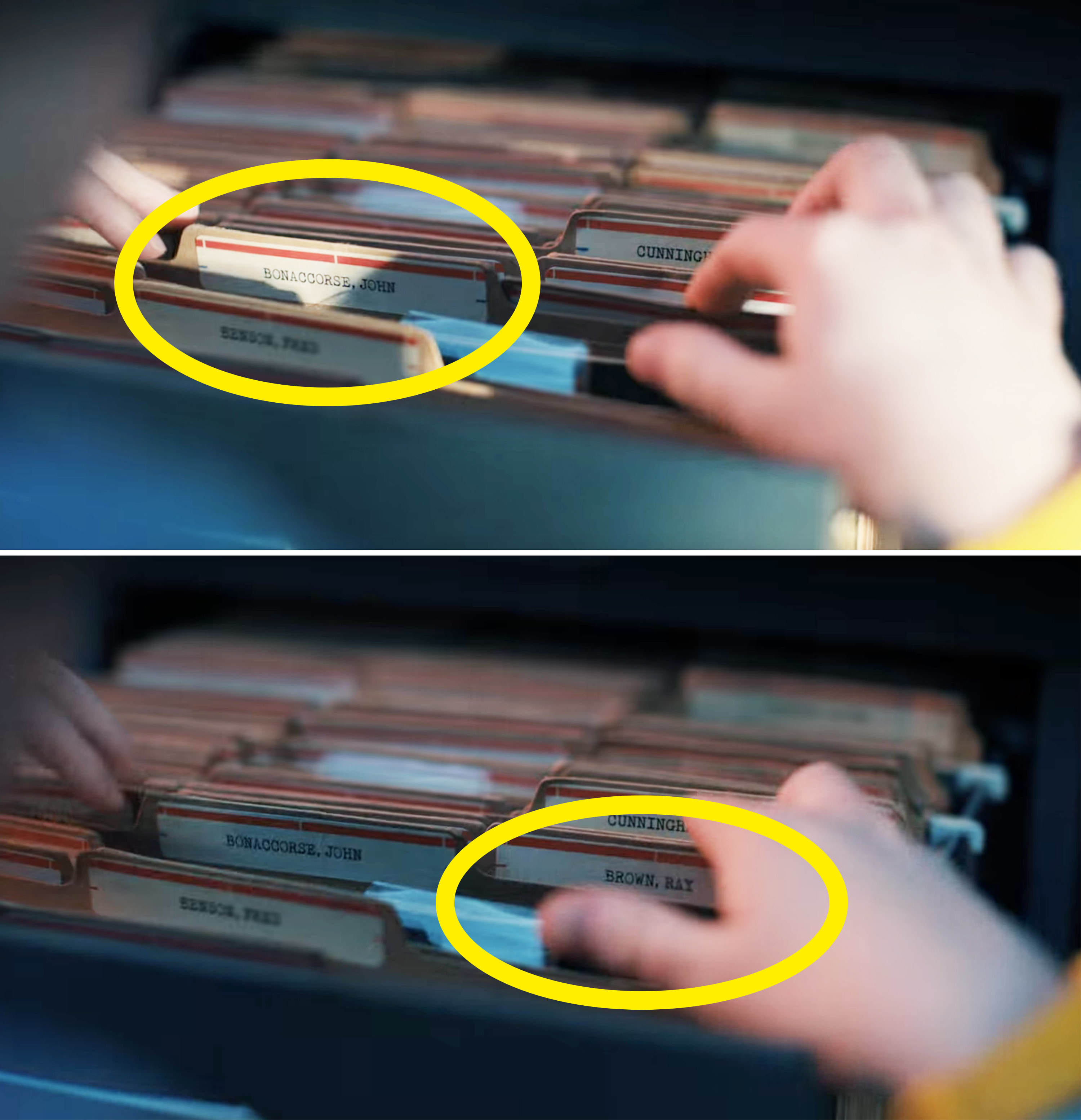 person&#x27;s hands looking through a file cabinet