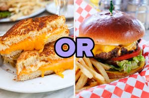 On the left, a grilled cheese sandwich cut in half diagonally, and on the right, a cheeseburger with or typed in the middle