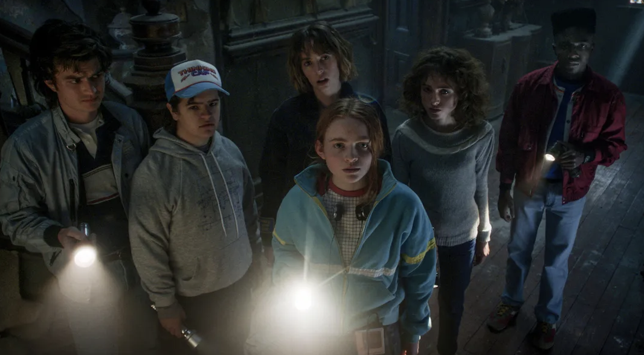 The kids from "Stranger Things" with flashlights in the dark