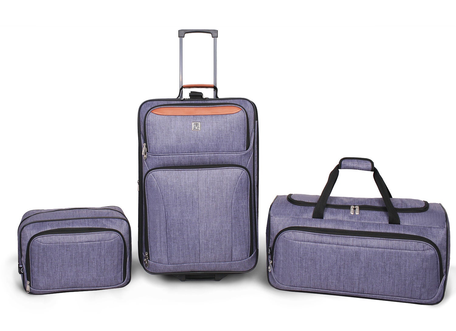 An image of a grey, three-piece luggage set