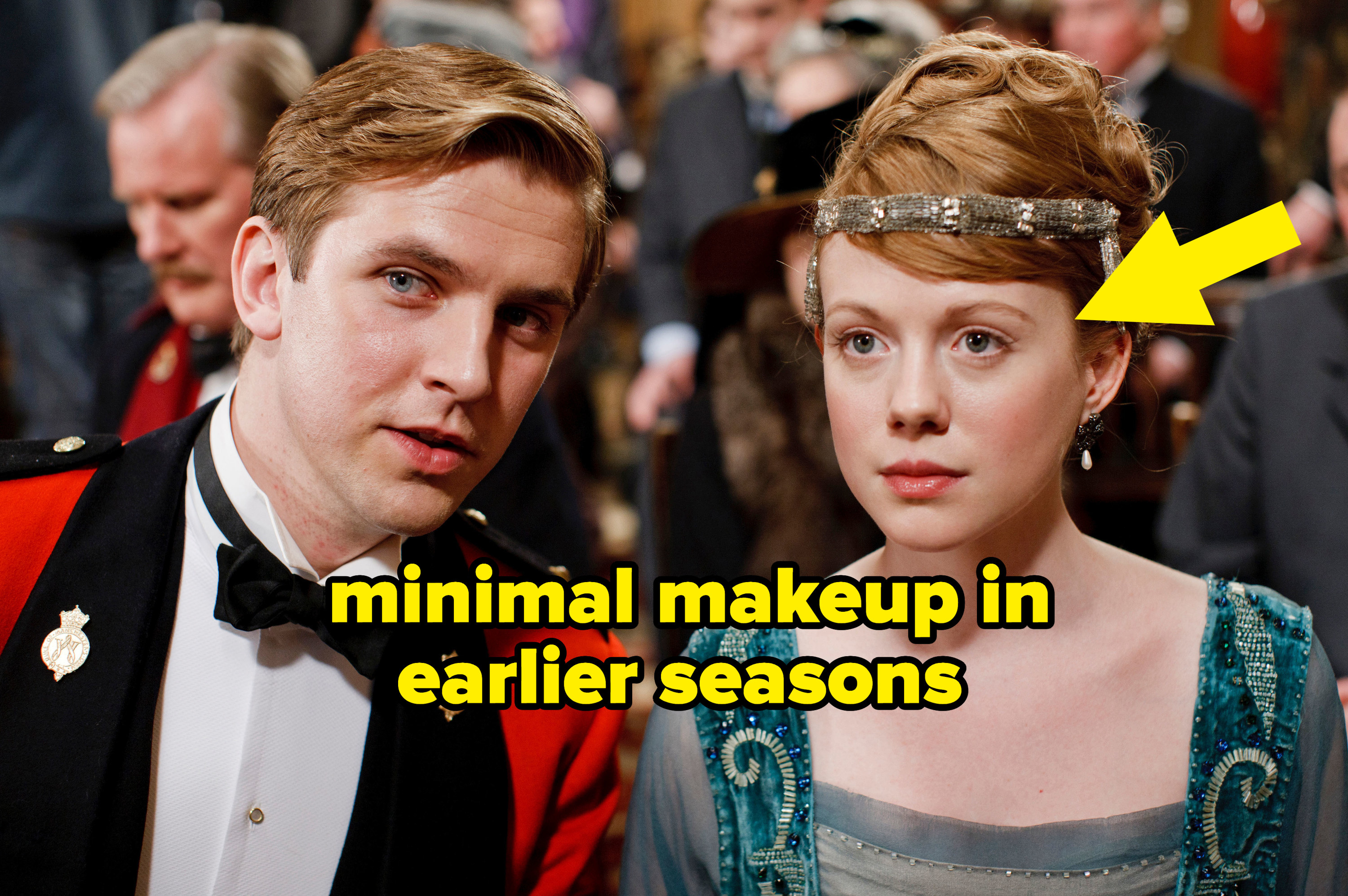 A man and woman looking into the distance in &quot;Downton Abbey&quot; with an arrow showing the woman is wearing minimal makeup