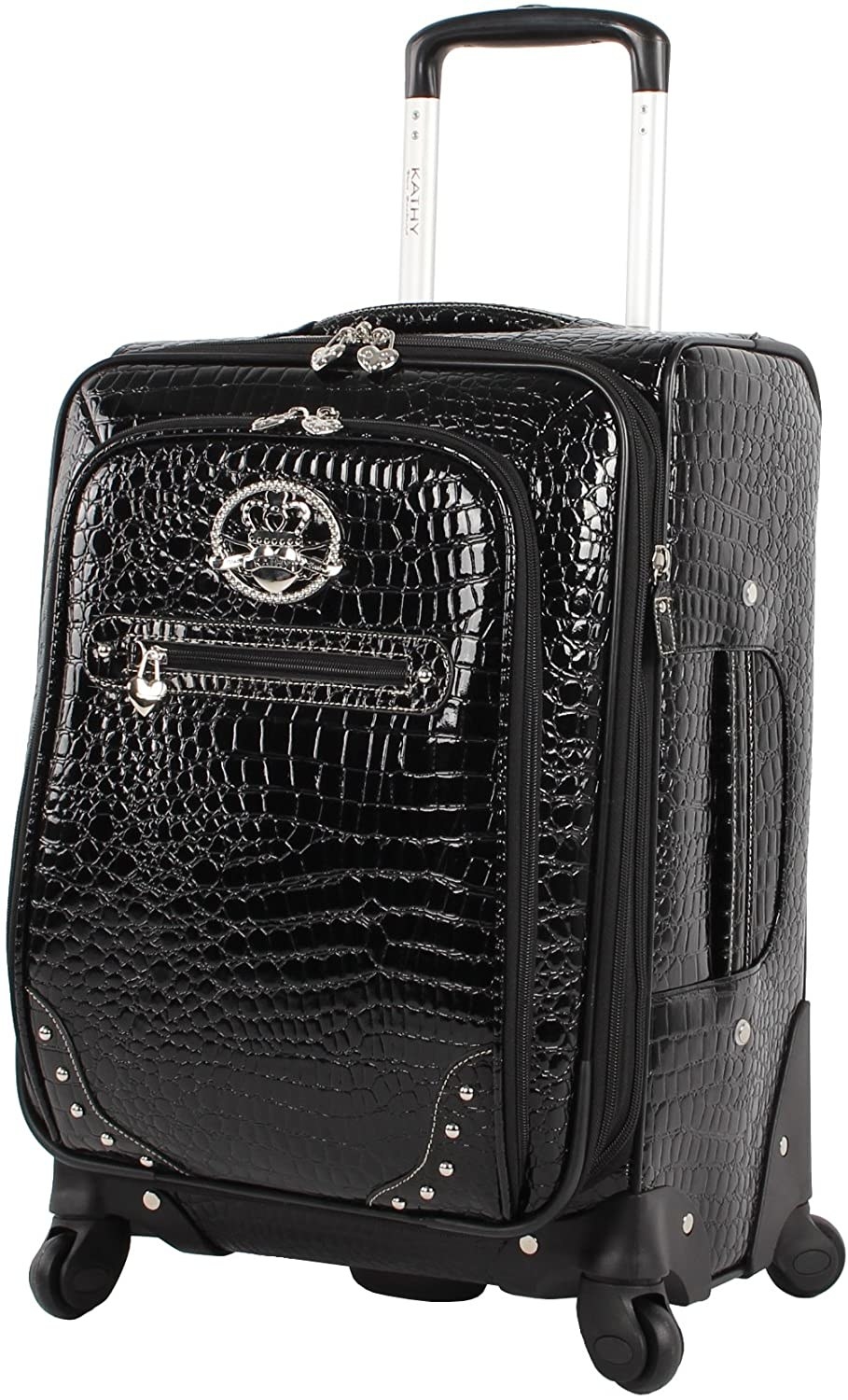 An image of a black faux croc suitcase with four rolling wheels
