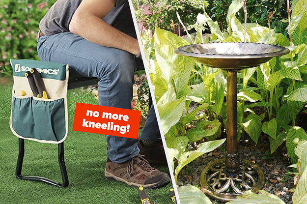 A person sitting on a small stool to garden and a bird bath in a garden