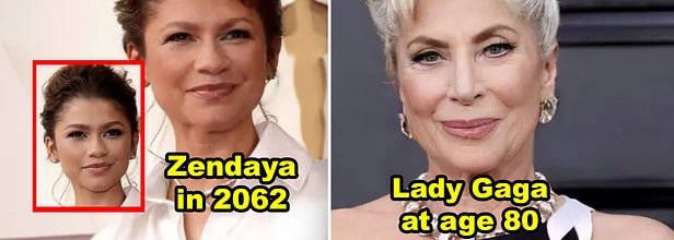 A side-by-side of young/old Zendaya with old Lady Gaga