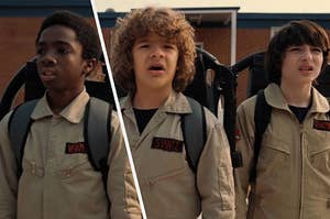 Lucas, Dustin, and Mike wear "Ghostbusters" costumes to school
