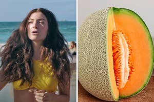 On the left, Lorde in front of the ocean in the Solar Power music video, and on the right, a cantaloupe