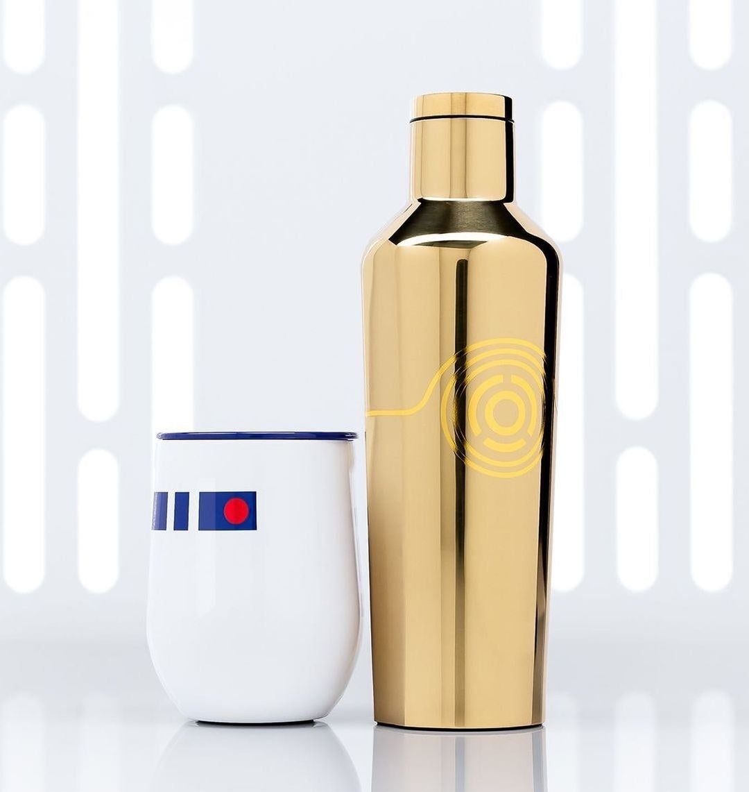 A glossy water bottle styled as c3po from star wars
