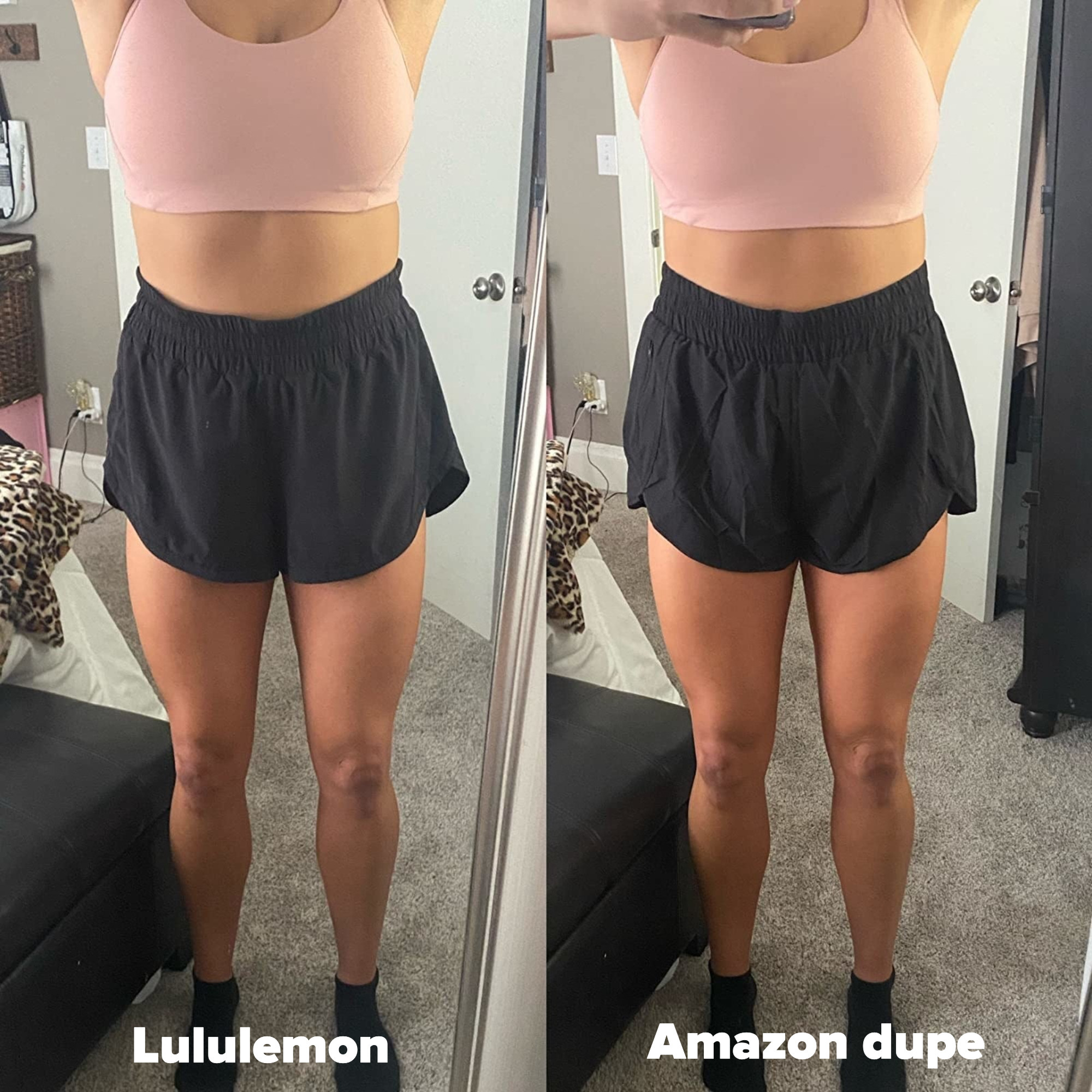 Reviewer&#x27;s side by side showing lululemon high waisted shorts on left and nearly identical Amazon dupe shorts on the right