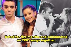 Musicians Nathan Sykes (L) and Ariana Grande are seen smiling, and on the right they're pictured singing together