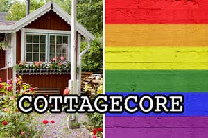 A cottage house is on the left labeled, "Cottagecore" with a rainbow on the right