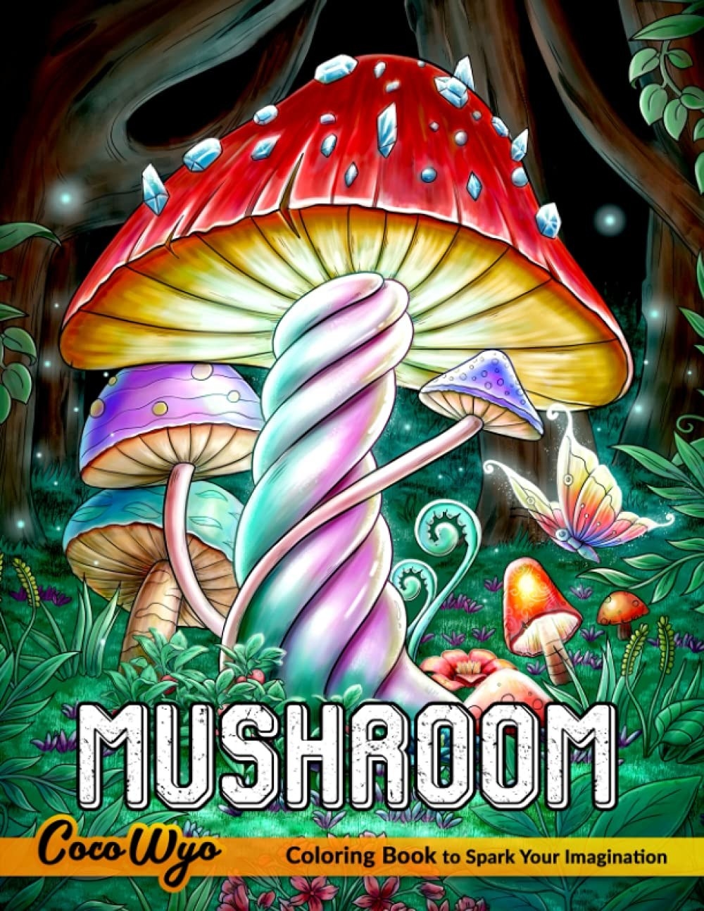 The front cover of the mushroom colouring book