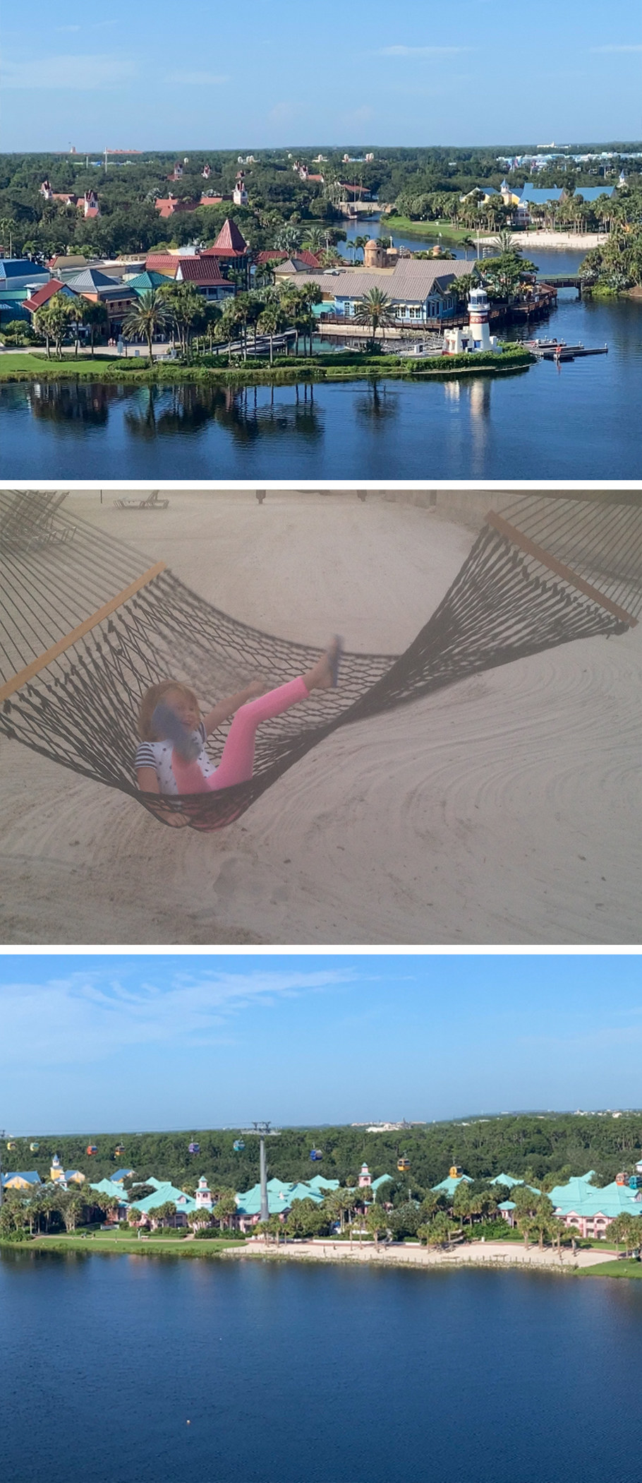 the resort by the water and a child in a hammock
