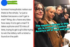 Meme about how hard it is to get a girlfriend; Kate Moennig, Olivia Wilde, and other famous queer women posing together