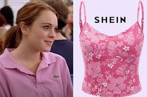 Cady Heron is on the left with a pink tank labeled, "SHEIN" on the right
