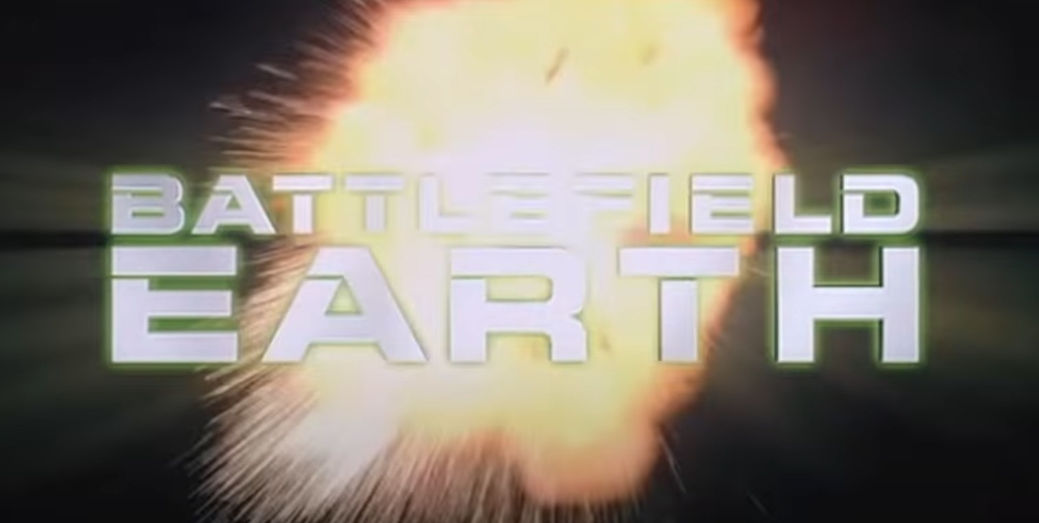 The title card for &quot;Battlefield Earth&quot; with an explosion behind it