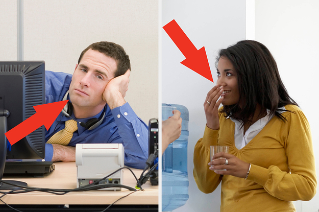 A lazy coworker who's bored at their desk next to a coworker who's gossiping