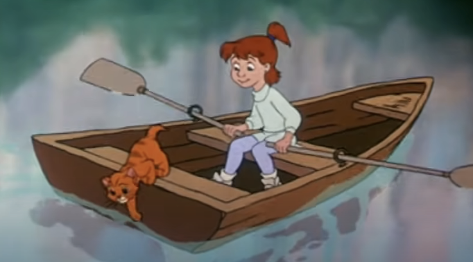 一个女孩和她的猫在独木舟上