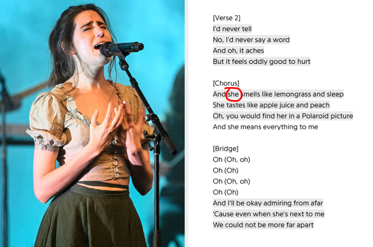 Dodie next to her lyrics for &quot;She&quot; with the word &quot;she&quot; circled