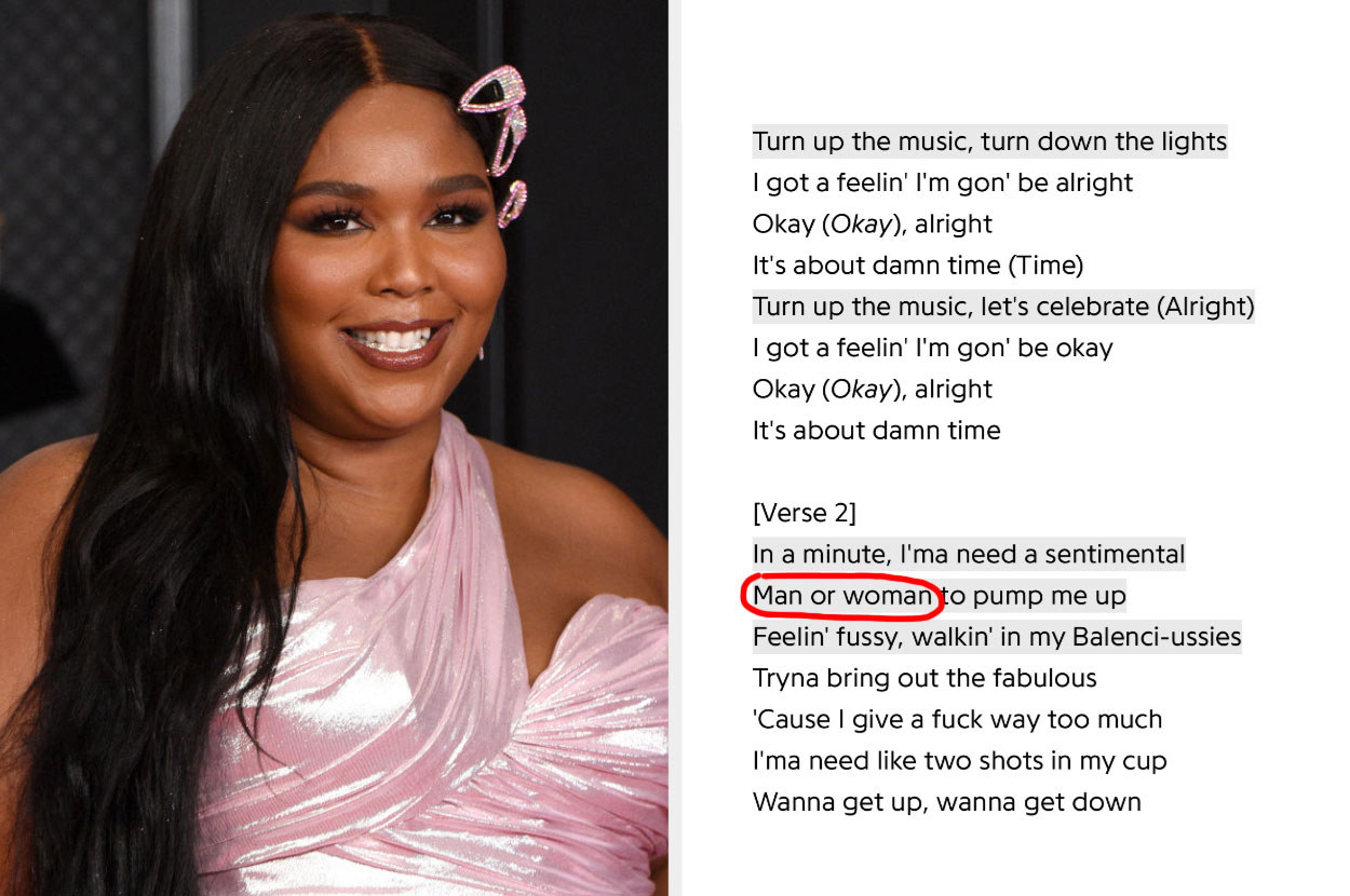 Lizzo next to her lyrics for &quot;About Damn Time&quot; with the words &quot;man or woman&quot; circled